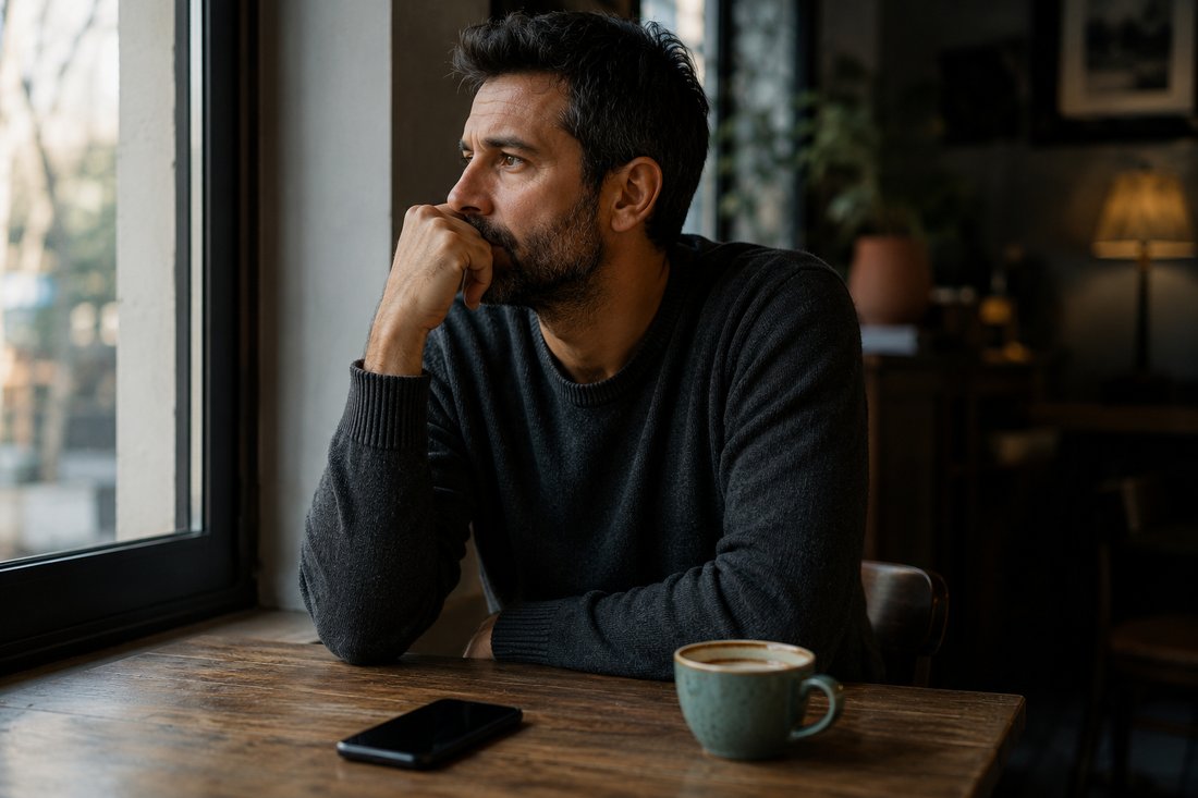 Persona che aspetta una risposta a un messaggio e osserva la propria reazione con mindfulness