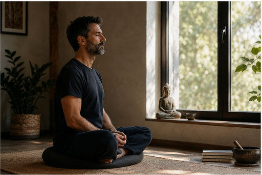Uomo seduto in meditazione Vipassanā mentre osserva sensazioni, emozioni e pensieri