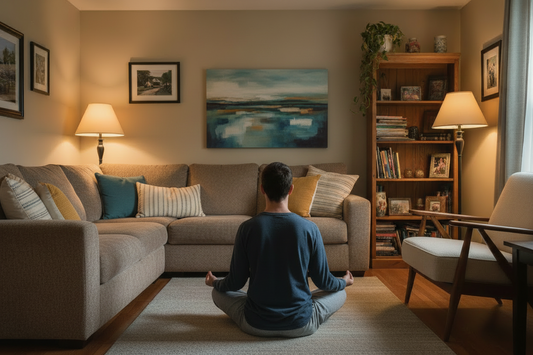Person sitting quietly in meditation, observing thoughts with mindfulness rather than trying to stop them.