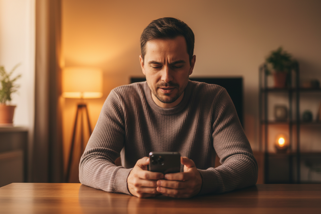 Person looking at a phone while experiencing relationship anxiety and learning mindfulness to observe emotional reactions.