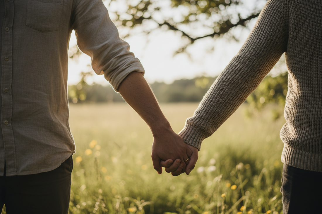 Two partners feeling emotionally distant while exploring relationship patterns and reactions through mindfulness.