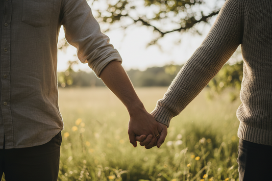 Two partners feeling emotionally distant while exploring relationship patterns and reactions through mindfulness.