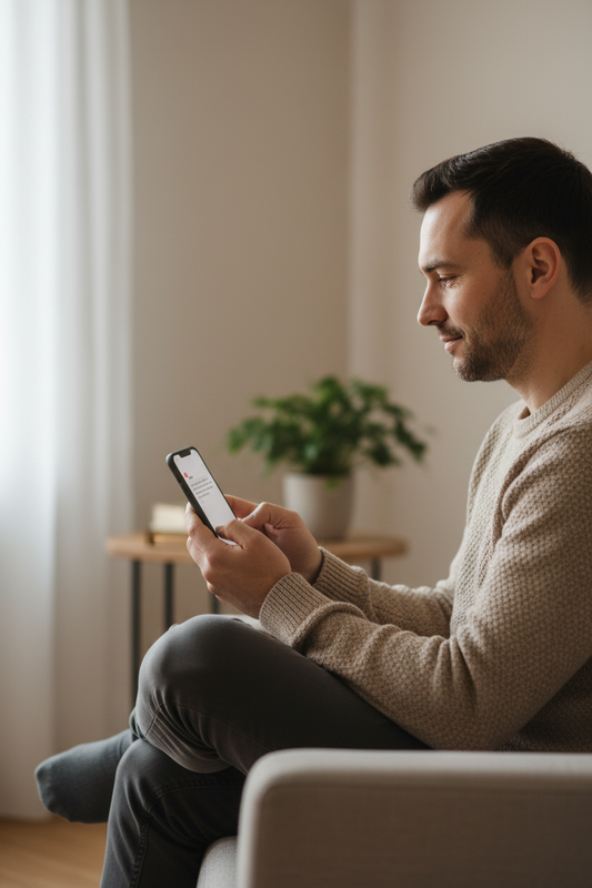 Persona che controlla il telefono mentre osserva con mindfulness l’ansia provocata da un messaggio senza risposta.